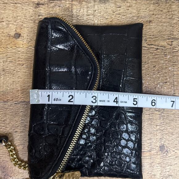 Henri Bendel Debutante Clutch Wristlet Black Crocodile Gold Chain Purple Lining
